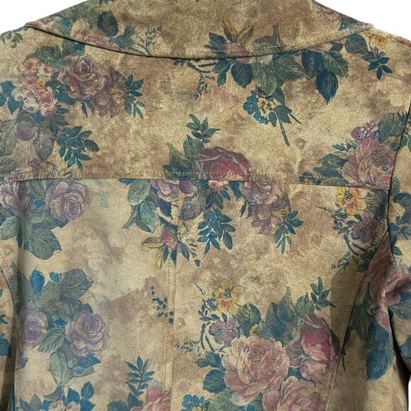 Vintage 90s Kate Hill Floral Leather Jacket – Size 4 Tan Rose Pattern Suede feel - Picture 6 of 14